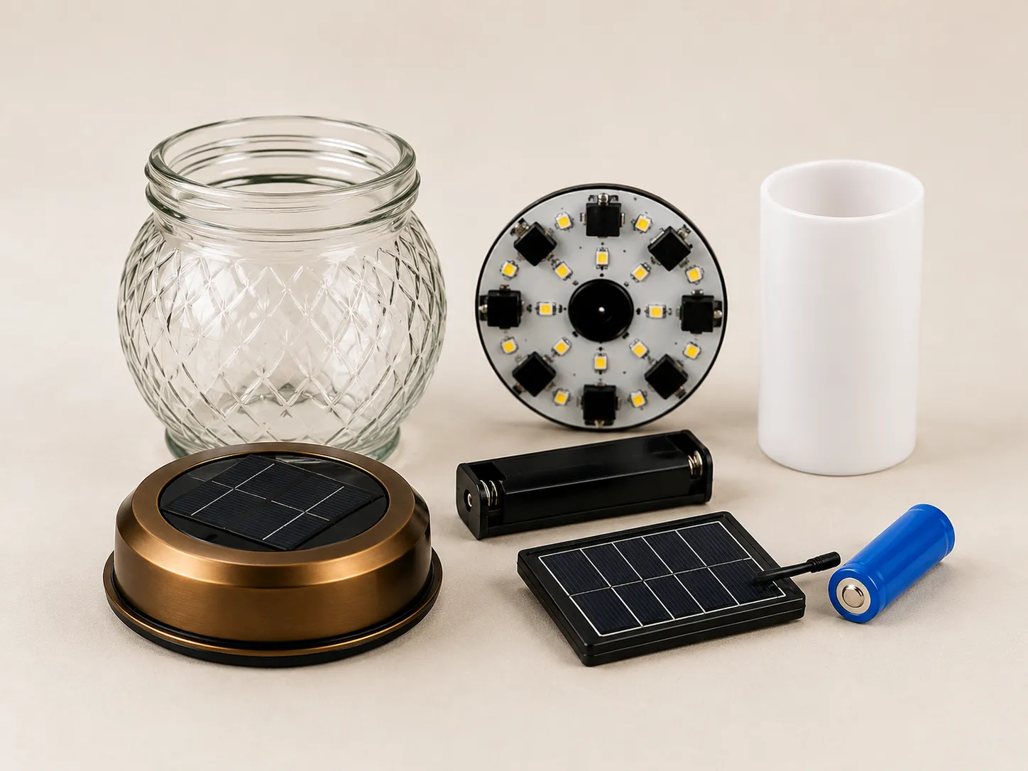 Solární panel, LED vložka, baterie a další komponenty pro hřbitovní svíčky