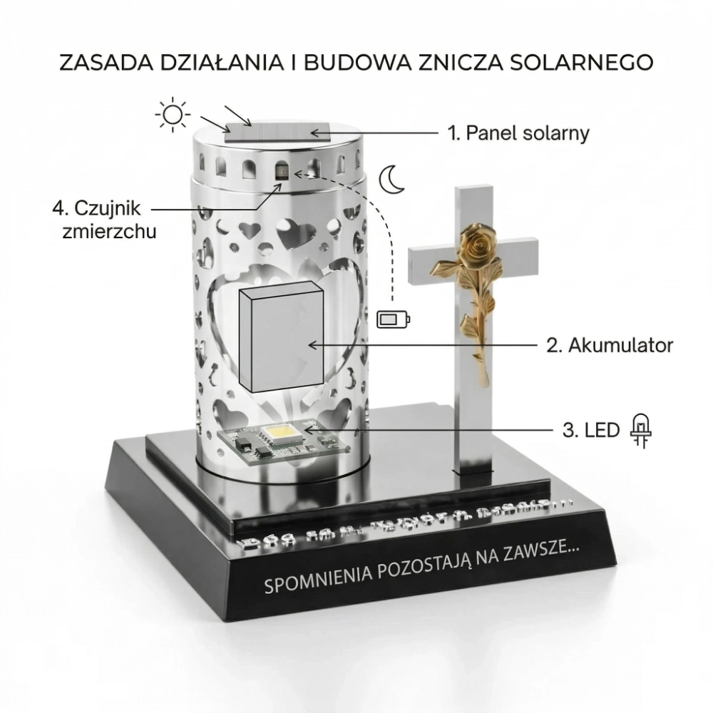 Princip solární svíčky s panelem, akumulátorem a LED