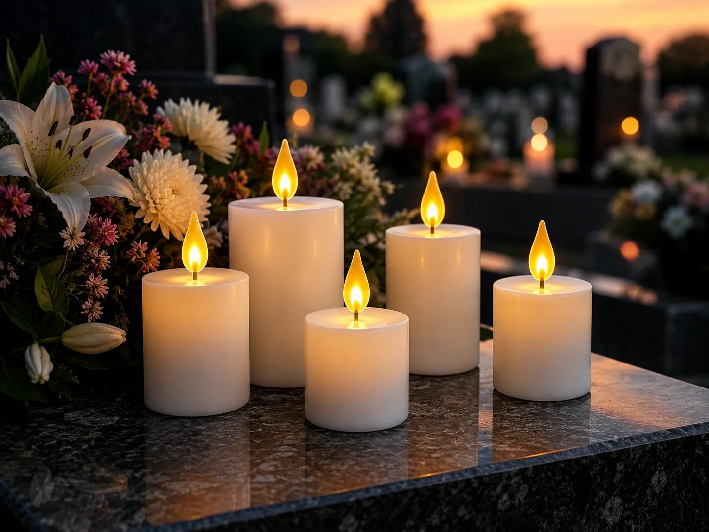 LED svíčky na hrob s teplým světlem a efektem plamene