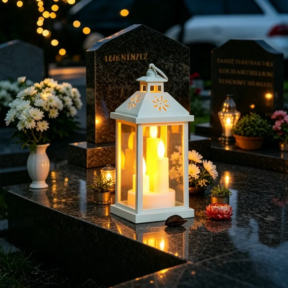 Bílý dekorativní LED lampion na hrob s efektem plamene