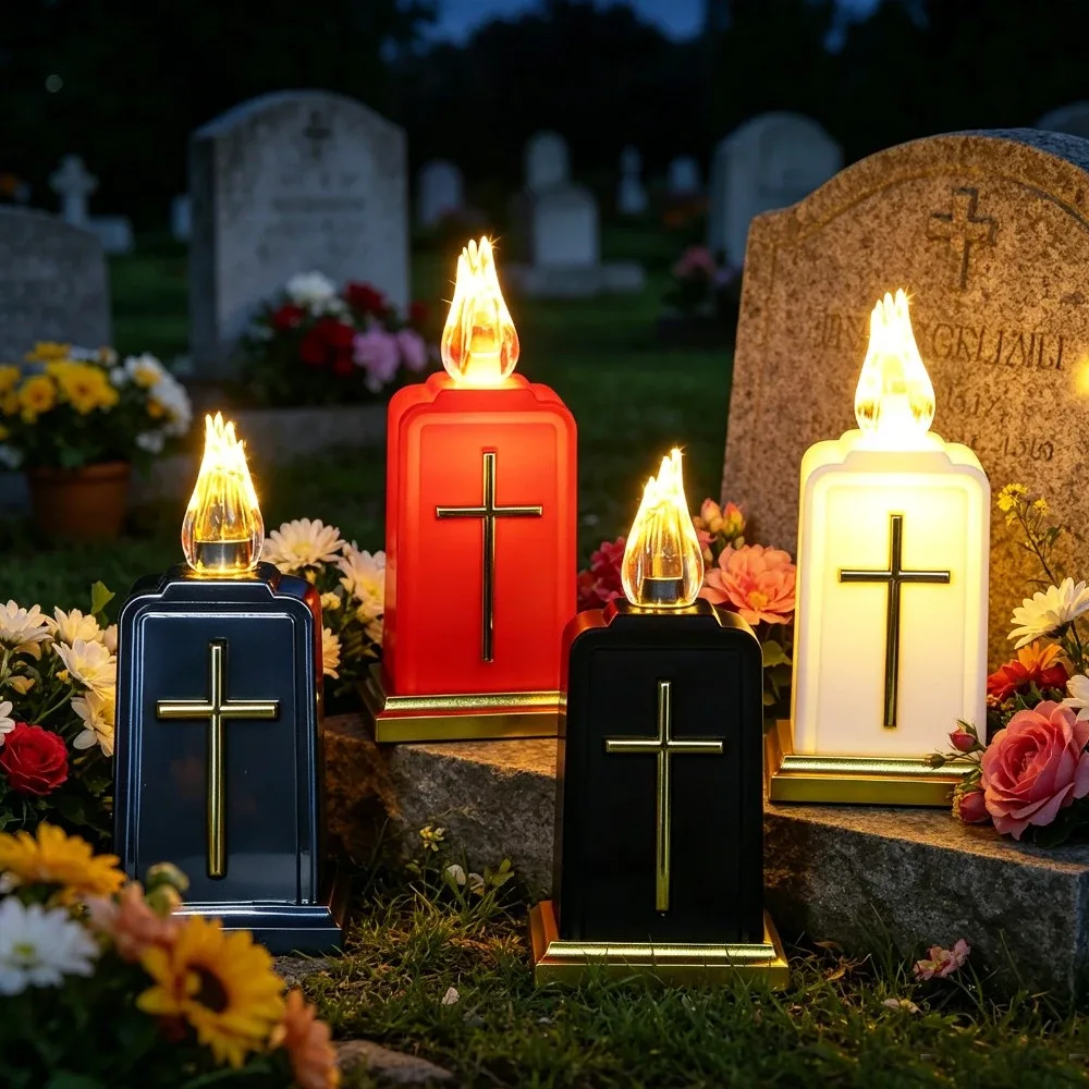 Barevné LED hřbitovní svíčky s křížem a efektem plamene